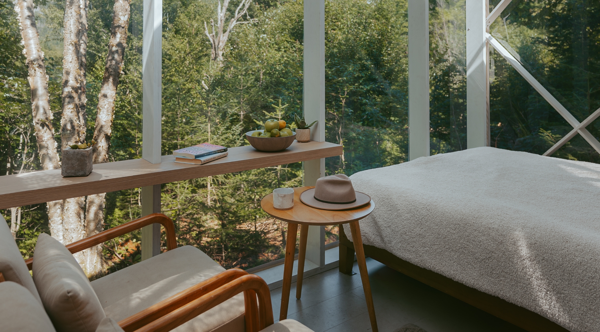 Photo intérieur chalet avec vue vers la foret, très grandes fenetres